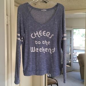 PJ SAVAGE/“CHEERS TO THE WEEKEND”BLUE- GRAY SLUB KNIT TOP
